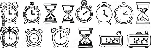 Collection of hand drawn alarm clocks hourglasses stopwatches and digital clocks vector illustration black and white simple design