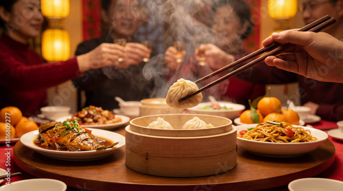 Chinese Family Dinner Steaming Dumpling Chopstick Clink Toast New Year