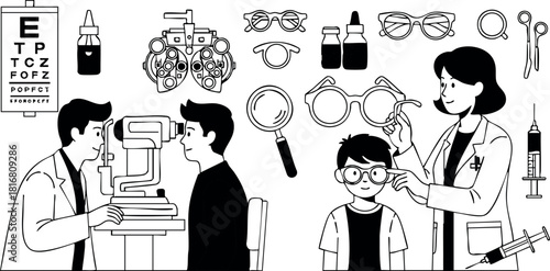 Optometry examination eye doctor testing patient vision equipment glasses syringe vector illustration