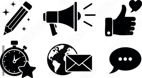 Communication and creativity icons set with pencil megaphone like stopwatch earth envelope and chat symbols vector illustration