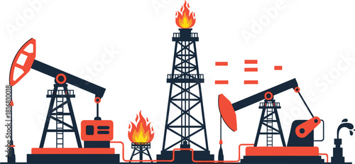Oil and Gas Industry Concept: Drilling Rigs, Pumpjacks, and Flaring Towers Extracting Natural Resources, Energy Production, Fossil Fuel, Petroleum Exploration, Industrial Infrastructure Flat Vector.