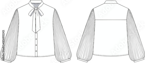 Blouse fashion sketch, front and back view, bishop sleeves, bow collar, yoke detail, technical illustration, stylish top, garment design
