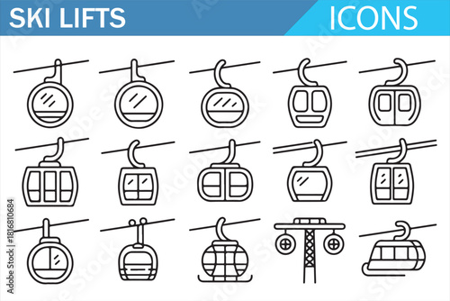 Collection of ski lift cabins, chairlifts, and gondolas in clean outline style