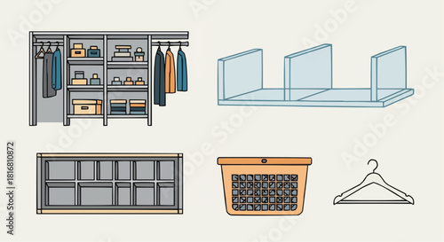 Set of closet organization and storage elements, featuring a wardrobe system, shelf divider, laundry basket, and clothes hanger illustration