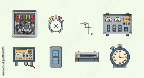 A comprehensive vector collection of line art icons depicting electrical engineering, industrial control, and automation technology devices for modern design projects