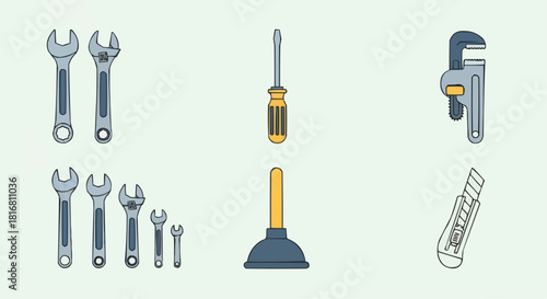 A diverse collection of flat design tool icons for repair, plumbing, and DIY projects, featuring wrenches, a screwdriver, and a plunger