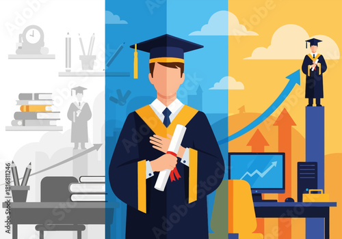 Academic achievement concept showing a graduate transitioning from study to successful professional life.