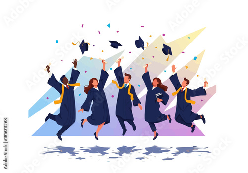 Five diverse students celebrate graduation by jumping happily and throwing their academic caps.
