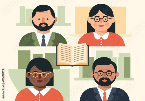 Vector illustration of diverse faculty members promoting knowledge, reading, and academic education.