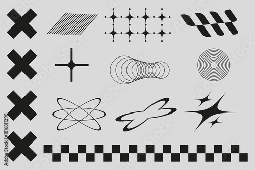 Y2K vector shapes set. Futuristic and retro geometric symbols including abstract spirals, atom, grid, stars, and cross .