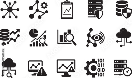   Data analytics icon set showing charts, graphs, and performance metrics in bold solid vector style.