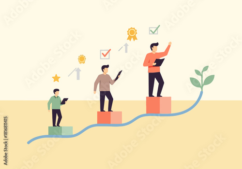 Flat illustration showing career progression and achieving goals through consistent business development.