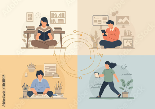 Illustrative concept showing diverse people balancing work, traditional reading, creativity, and modern digital lifestyle.