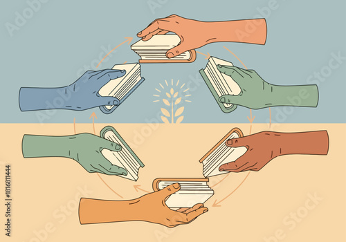 Diverse hands exchanging books in a cyclical pattern symbolizing community knowledge sharing.