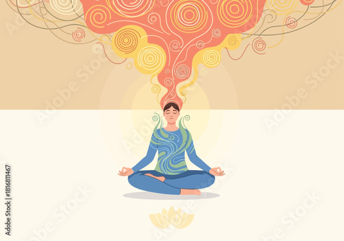 Mindful woman meditating in the lotus position with abstract flowing mental energy visualization.