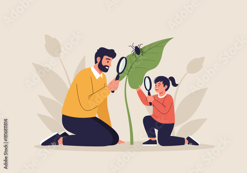 Adult and child using magnifying glasses to study a small insect on a green leaf.