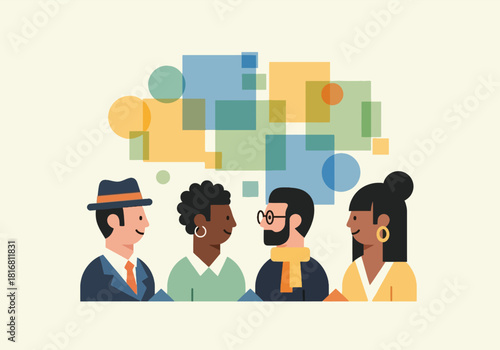 Flat vector illustration of diverse professionals collaborating and communicating effectively.