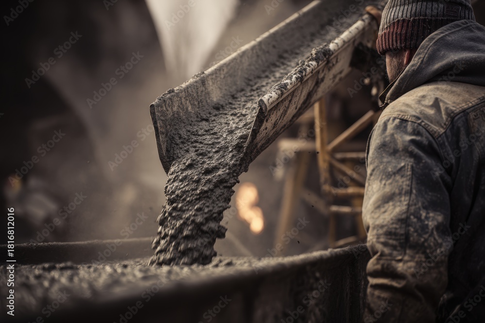 Fototapeta premium Worker Operating Cement Chute with Flowing Concrete in Cinematic Realism
