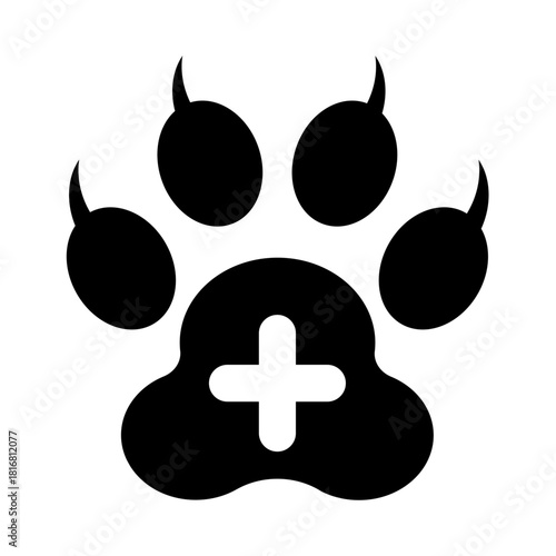 Icon of a paw print with a medical cross in the center, symbolizing veterinary care, animal health, pet healthcare services, designed in minimalist vector style for pet clinics, animal hospitals.