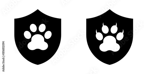 Icon of a paw print inside a shield, symbolizing pet protection, animal safety, or animal welfare, designed in black and white minimalist vector style, ideal for pet services, shelters, or safety camp