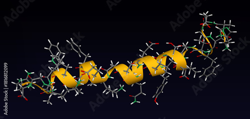 GLP-1 (glucagon-like peptide-1) hormone molecule. Dark background. 3D ribbon and stick molecular model. 3D rendering. Illustration