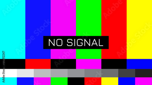 Retro TV test pattern with vibrant color bars and 'No Signal' message, a throwback to old broadcast television, usable for media or digital design projects
