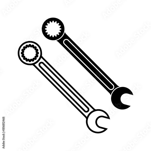 Pair of wrench tools, featuring a combination wrench and a ratchet wrench, representing mechanical work, toolkits, or industrial tasks in a clean, minimalist vector style for digital or print designs