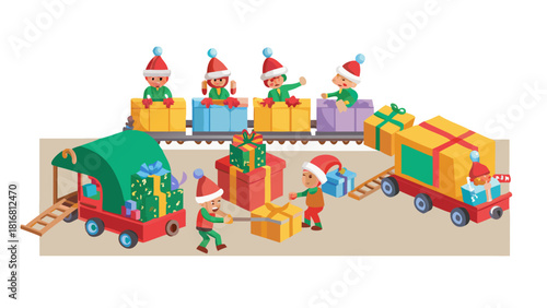 Cartoon Santa’s elves driving tiny toy trains around a huge Christmas gift mountain inside the toy workshop