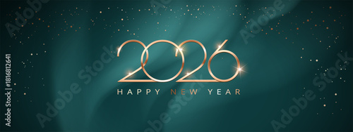 Stylish 2026 Happy New Year abstract green and gold background with Northern lights or aurora borealis in a clear starry night sky - high quality vector perfect for holiday banners, website header