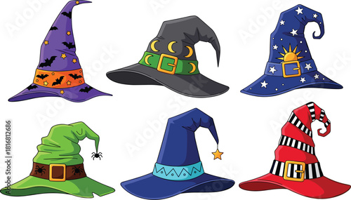 Wizard hat collection, witch hats, fantasy costume, magical headwear, colorful design, crescent moon, stars, buckle, striped, spooky theme, Halloween, enchanted style
