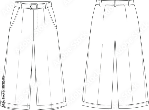 Wide-leg trousers sketch, front and back view, pleated design, belt detail, cuffed hem, technical illustration, garment template, fashion drawing