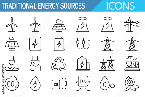 Line-style icons representing traditional power sources, utilities, and industrial energy