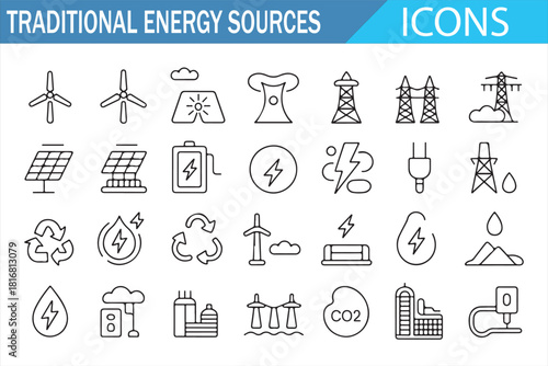 Traditional energy sources icon set featuring power plants, electricity generation, nuclear facilities, oil, gas, solar arrays, wind turbines, CO2 emissions and industrial energy production in modern 