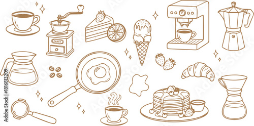 Whimsical breakfast doodles. Vintage hand drawn icons with la dole vita aesthetic in simple crayon and sketch style. Trendy art for menus and dinner brunch invitations. Outline vector illustration st