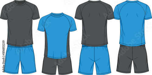 Athletic outfit variations, sportswear design, t-shirt and shorts, front and back view, color combo, crew neck, elastic waistband, team apparel