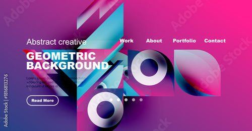 Modern website mockup. Vibrant colors, geometric shapes, text elements present. Clean design, professional look, navigation visible.