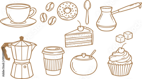 Whimsical breakfast doodles. Vintage hand drawn icons with la dole vita aesthetic in simple crayon and sketch style. Trendy art for menus and dinner brunch invitations. Outline vector illustration st