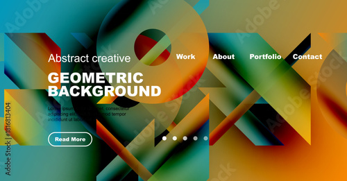 Abstract website header design. Geometric shapes, vibrant colors, text overlays, navigation menu present. Modern aesthetic.