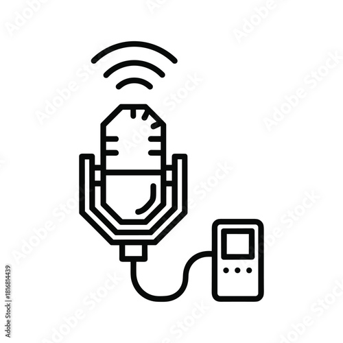 Line icon of a field reporting microphone connected to a small recorder with wireless signal waves above