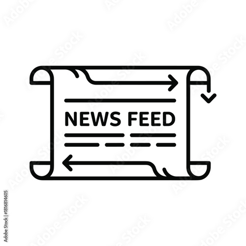 Black and white line icon representing a news feed on a scroll or paper with arrows indicating flow and update, isolated on