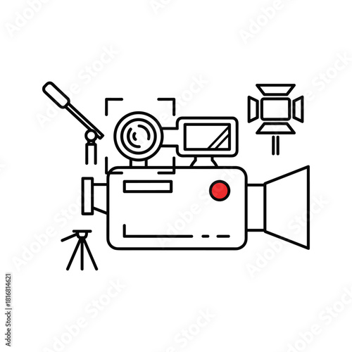 Line art icon of a video camera setup with a microphone and studio light, isolated on