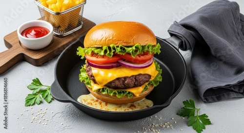 Delicious burger on a pan with fries and ketchup for culinary concepts