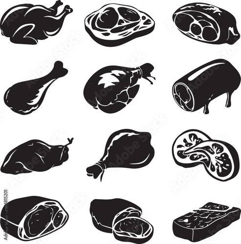 Assortment of Black and White Meat Cuts Illustration for Butcher Shops and Food Industry Designs a Simple Vector Image