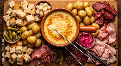 Delicious cheese fondue with sides of meats potatoes bread and pickles