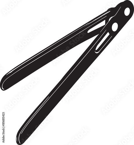 Black and white illustration of metal food tongs kitchen utensil cooking equipment tool for grilling and serving food elegantly displayed