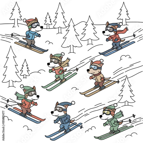 Enchanting winter escapade with skiing canines amidst a whimsical forest scenery delight