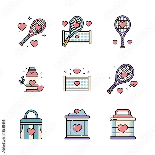 Charming tennis illustrations with playful hearts adding a touch of affectionate whimsy