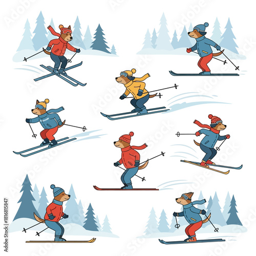 Cheerful dogs enjoy winter sports with skiing in a snowy forest illustration fun theme