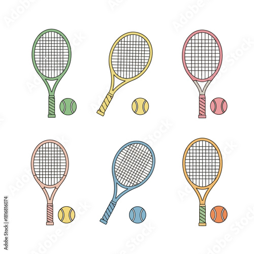 Colorful collection showcasing stylized tennis rackets and balls in vibrant hues for visual appeal