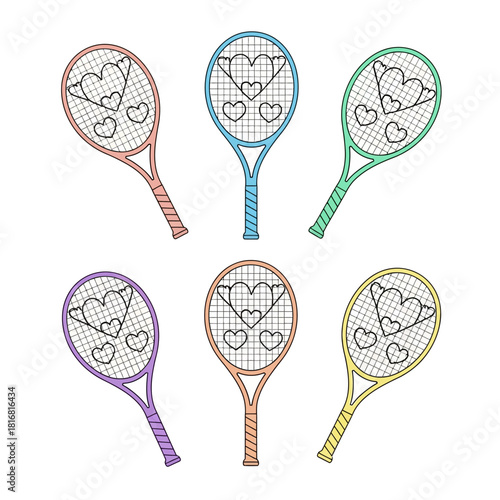 Colorful tennis rackets with heart designs symbolizing sports affection and hobbies